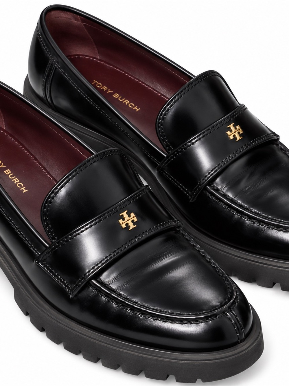 Tory Burch Black Leather Lug-Sole Loafers with Gold Logo